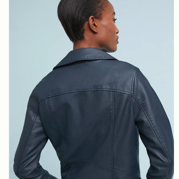 ANTHROPOLOGIE VEGAN LEATHER BLUE MOTO JACKET SIZE SMALL - Picture 3 of 11
